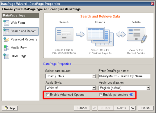 Caspio advanced options with URL parameters enabled