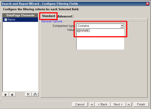 Caspio settings for a name URL parameter and contains matching